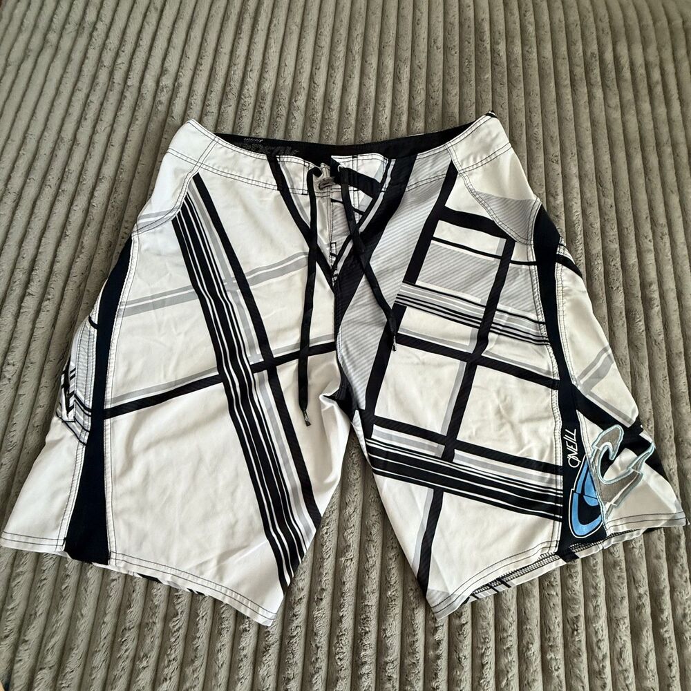 O’Neill Board Shorts Men’s 36 White Black Gray Blue Y2K Surf Swim Trunks